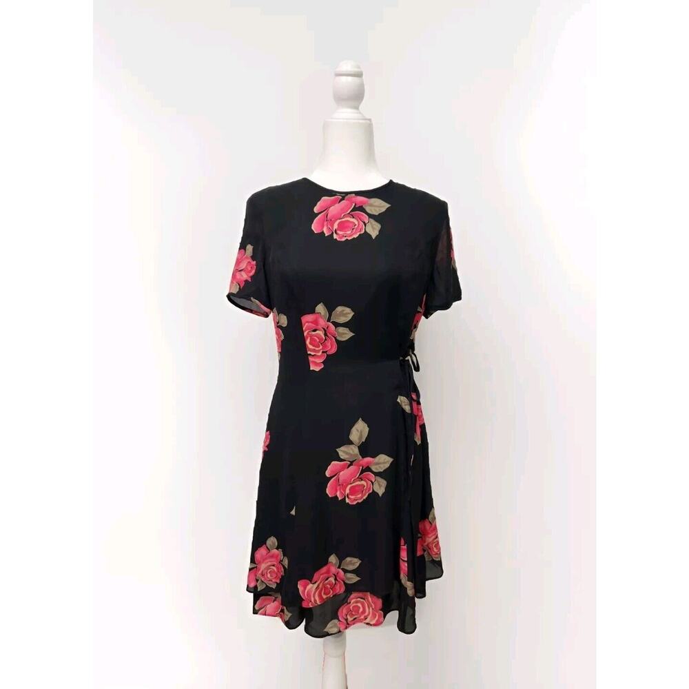 Spenser Jeremy Black Floral Flowy Chiffon Silk Dress Size 6 Tie Side - Picture 1 of 10